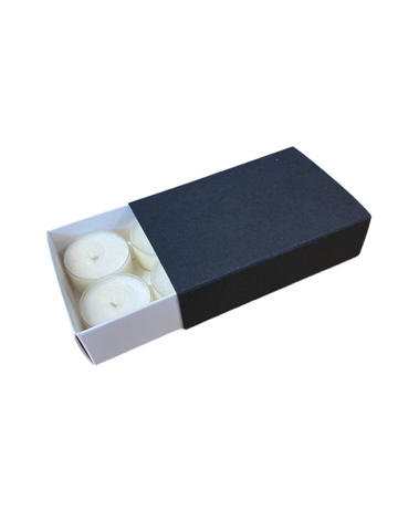 TEALIGHT CANDLE BOX WITH SLEEVE  for 4 Tealights - WHITE BASE/BLACK SLEEVE  (Pack of 10)