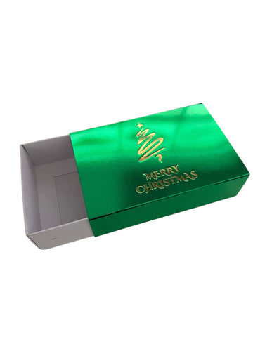 TEALIGHT CANDLE BOX WITH  SHINY GREEN SLEEVE  for 4 Tealights Christmas Tree - WHITE BASE (Pack of 10)